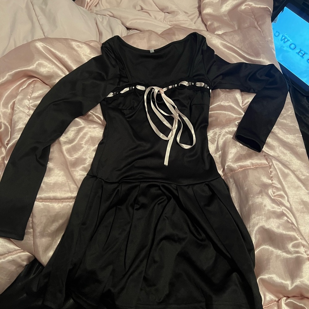 Black Long Sleeve Dress with Ribbon Detail